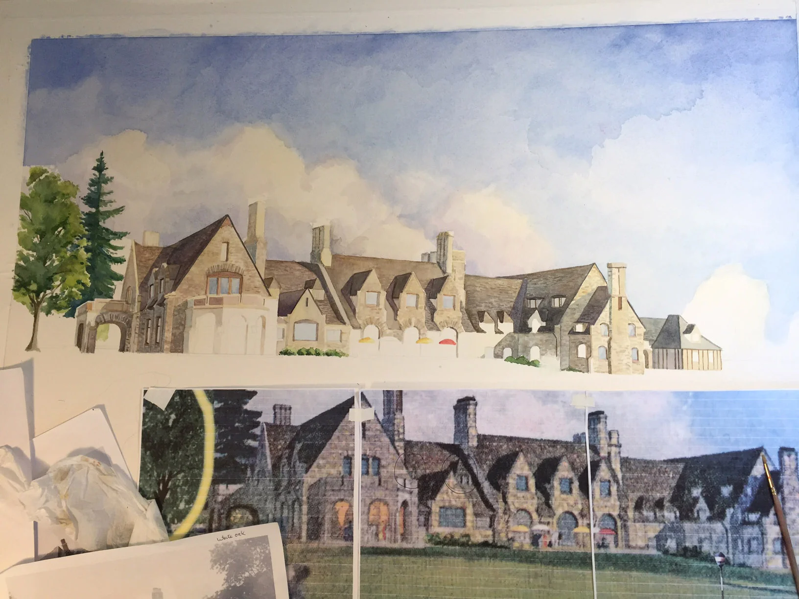 Artwork in progress of the Winged Foot Golf Club using reference material