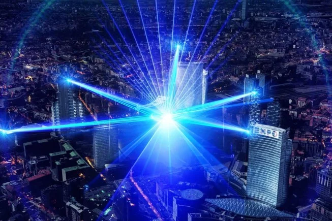 Live Laser Show on Milan skyscrapers
