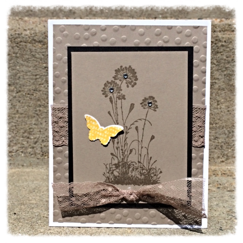 It is amazing to me what just a dash of color or a splash of ribbon/bling can do to change the look of a card. I have found that I am lover of cards that can be used for more than one type of sentiment. This falls into that category...i can envision this tone on tone simplicity to look fabulous with all the new In Colors. 