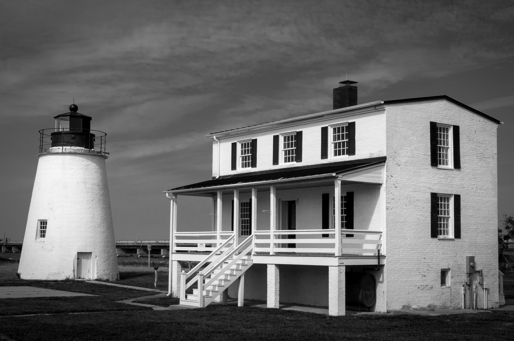 Black and white image of Piney Point Lighthouse in St. Mary's County, Maryland