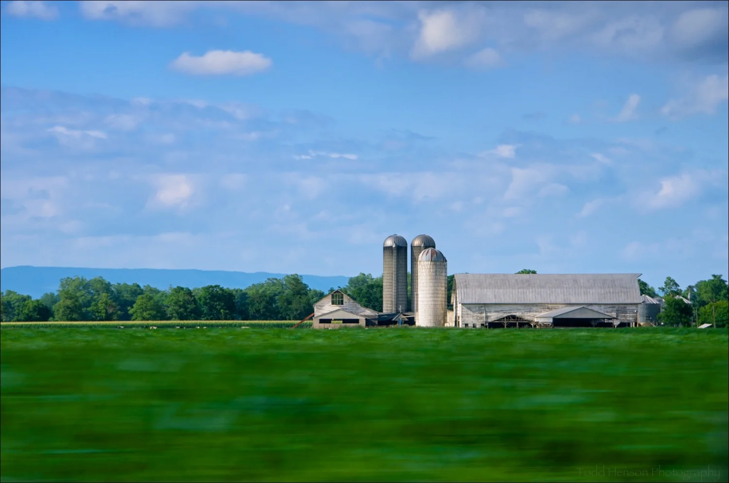 1/20 sec exposure from the passenger side of a moving car (I was the passenger, not the driver). Notice the motion blur of the green field.