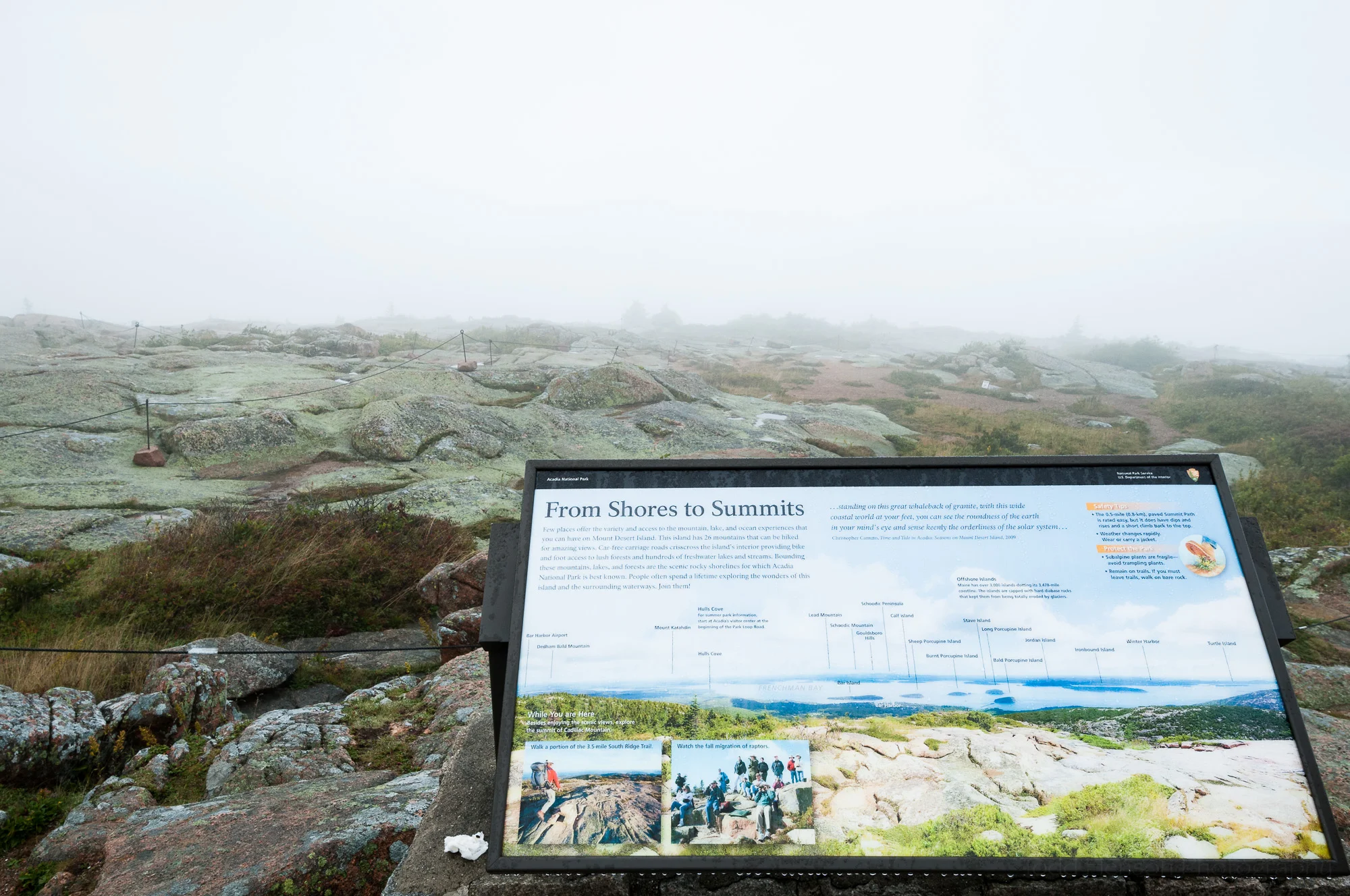 "From Shores to Summits" view of fog from Cadillac Mountain