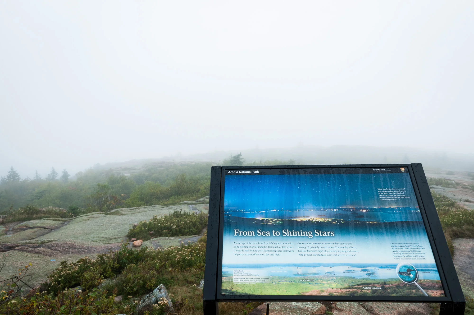 "From Sea to Shining Stars" view of fog from Cadillac Mountain