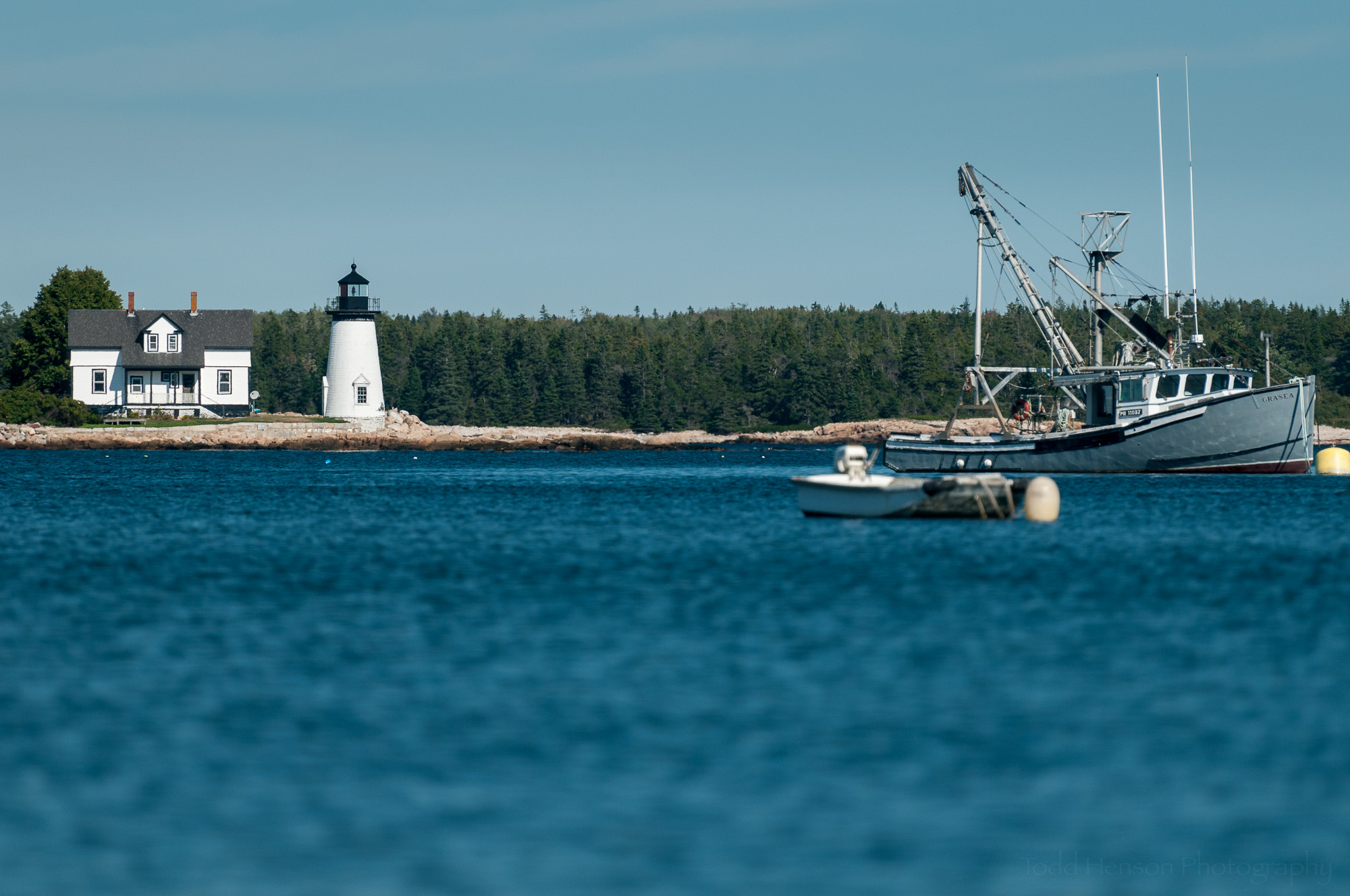 Lowest perspective. Prospect Harbor Point Light, a lighthouse in Maine.