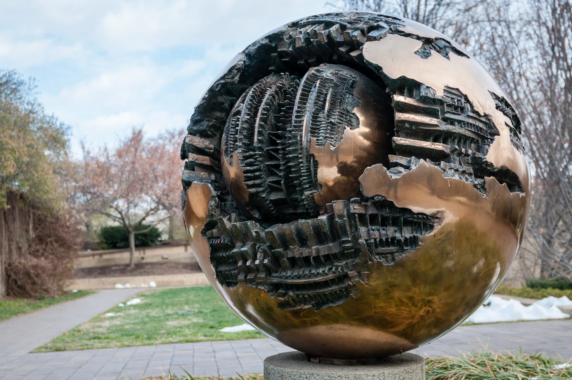 Sphere No. 6 bronze sculpture by Arnaldo Pomodoro in the Smithsonian Hirshhorn Sculpture Garden