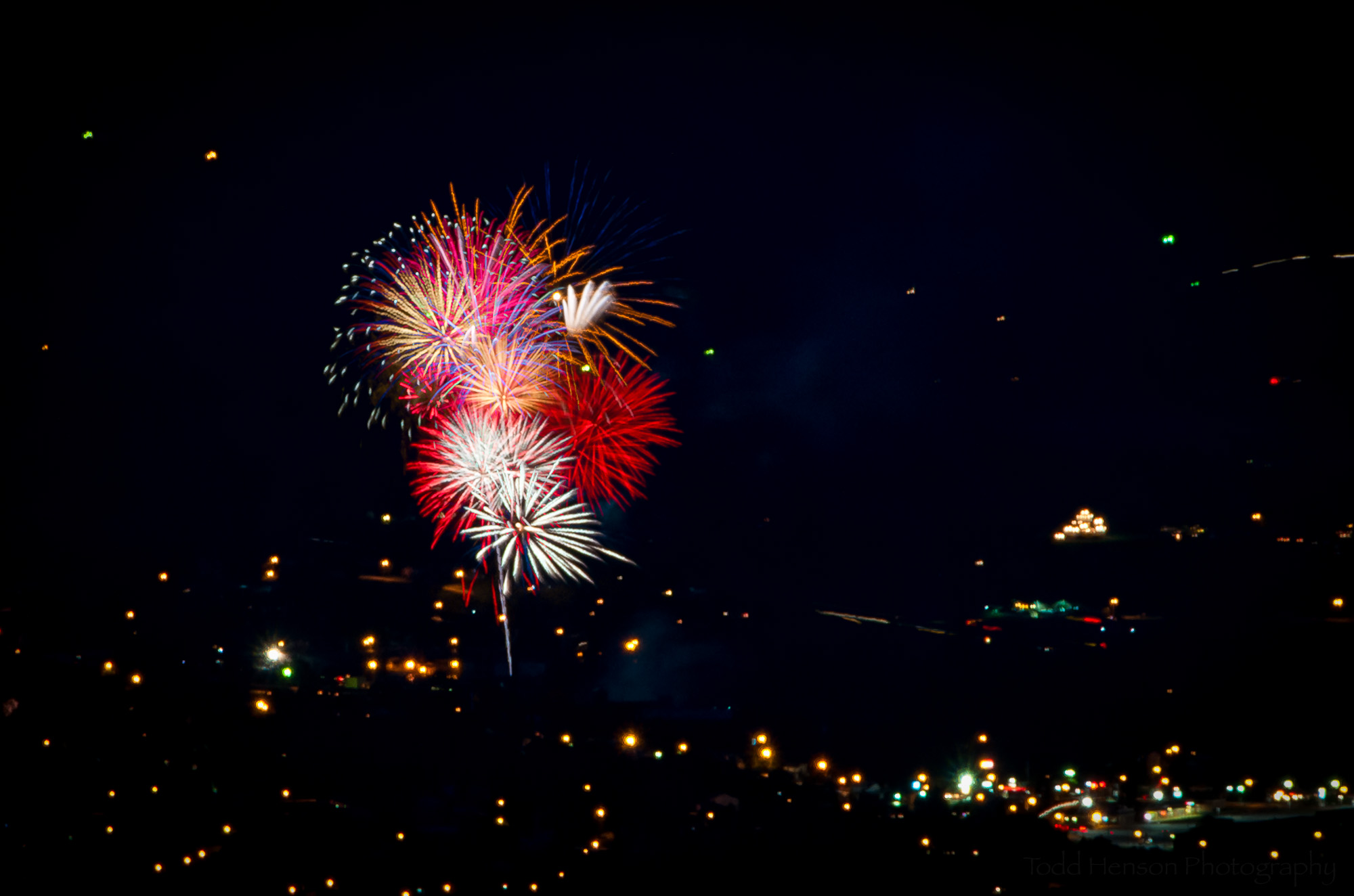 First set of fireworks, groups from earlier in the show.