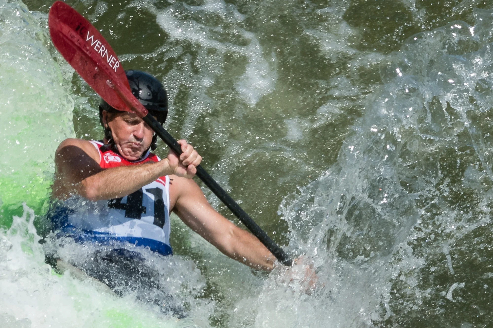 Closeup of Alex Markoff Kayaking The Spout at Great Falls