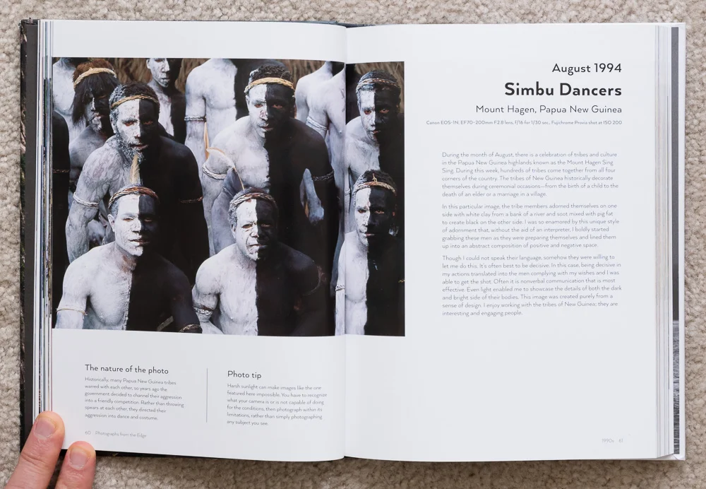 Photographs from the Edge by Art Wolfe, pages 60-61, August 1994, Simbu Dancers, Mount Hagen, Papua New Guinea.