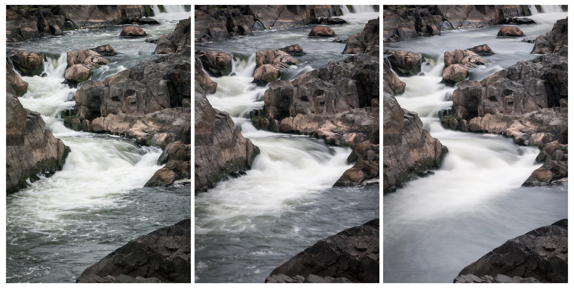 In this triptych I used a Singh-Ray Vari-N-Duo filter, which combines a polarizing filter with a variable neutral density filter, to gradually slow the shutter speed down by increasing the amount of neutral density. All images are ISO 200 with an aperture of f/25. The left image has a shutter speed of 1/8 second. The center image has a shutter speed of 4/5 second. The right image has a shutter speed of 8 seconds.