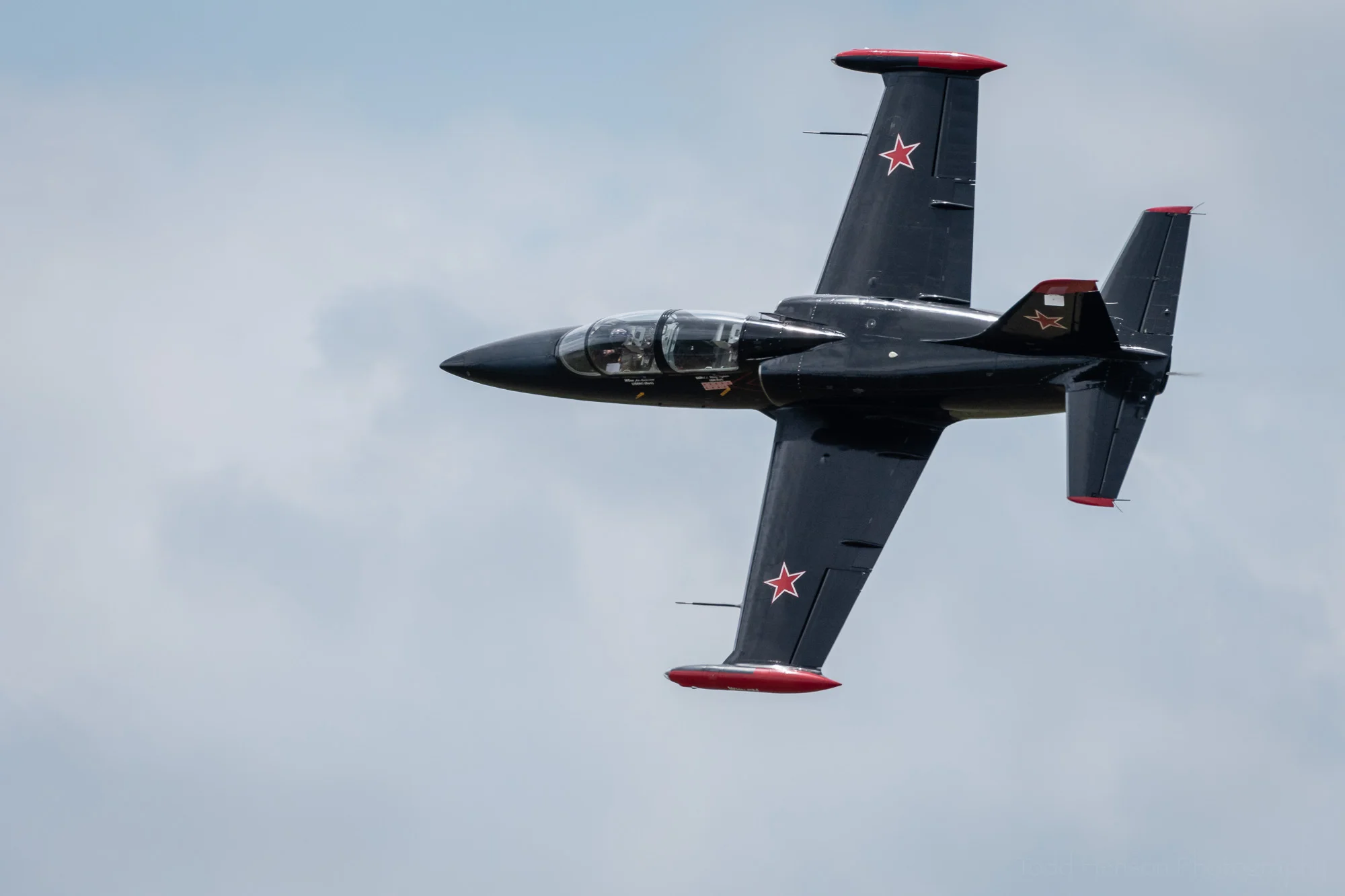 Art Nalls performing a flyby in his L-29 Albatross.