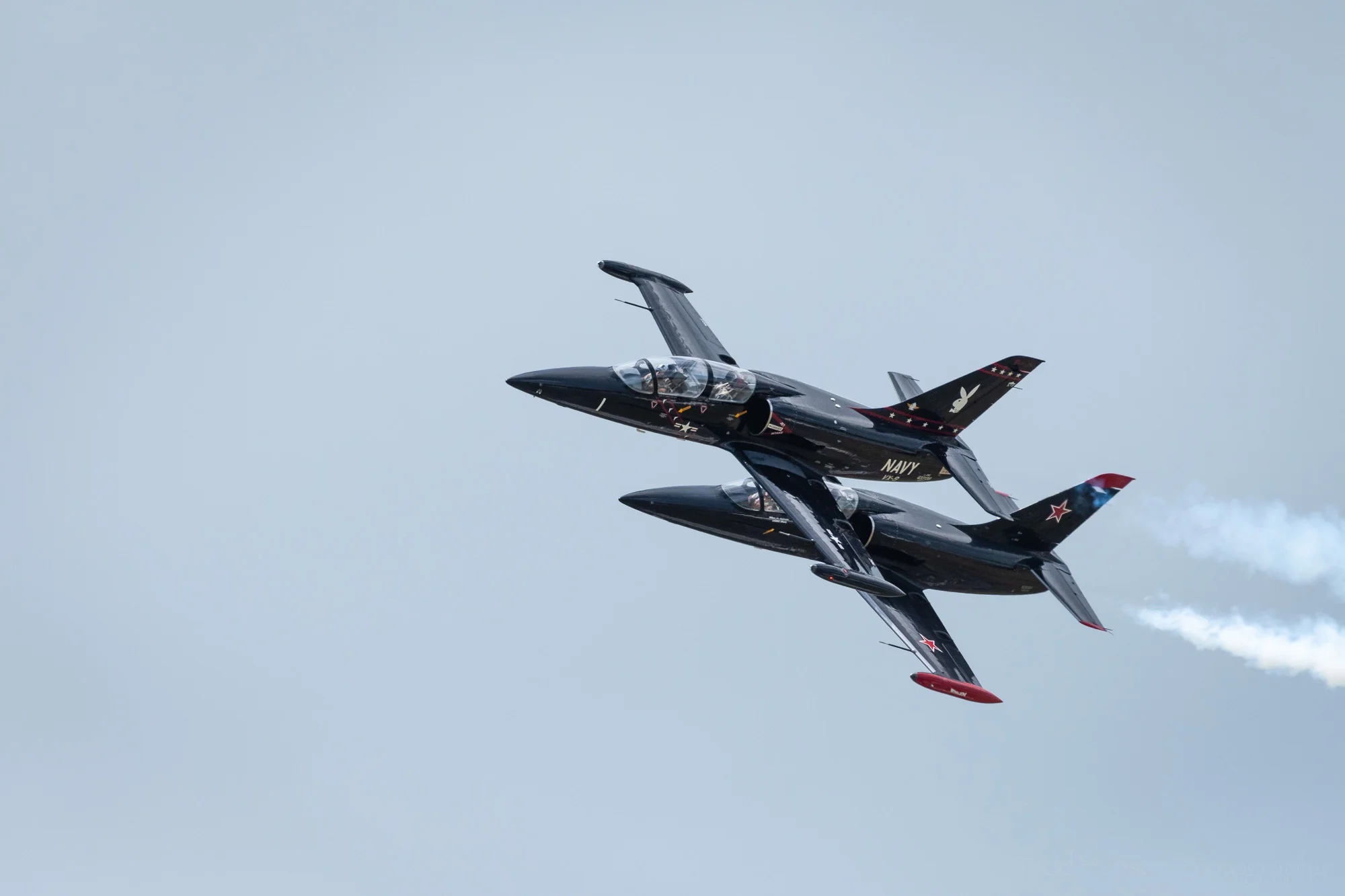 Charlie “V+12” VandenBossche and LCDR Mark “Crunchy” Burgess of Warrior Flight Team performing a synchronized flyby in their L-39’s.