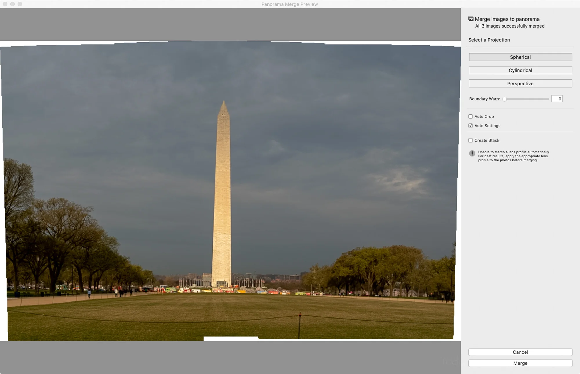 Panorama Merge Preview window in Adobe Lightroom.