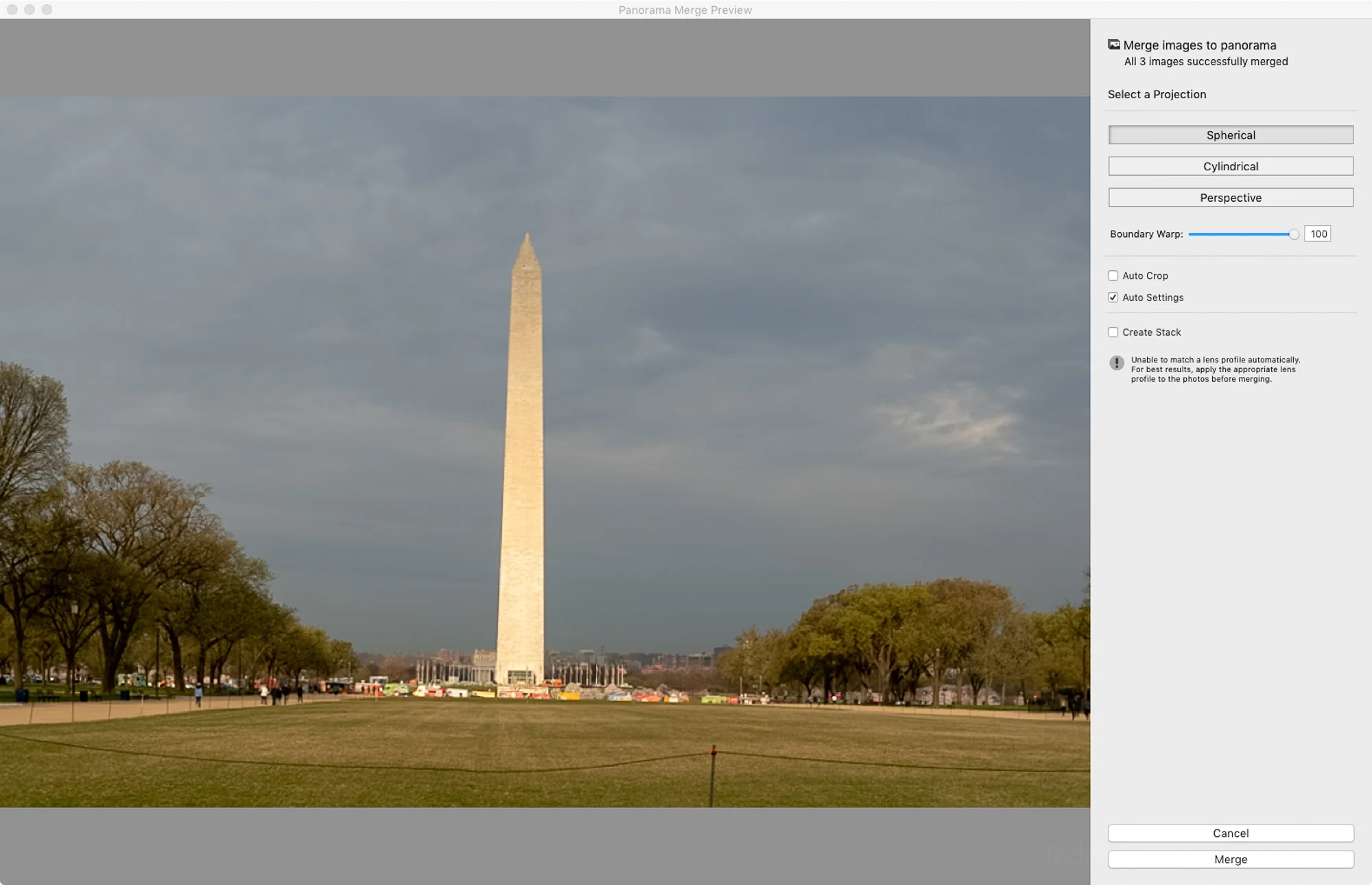 Lightroom’s Boundary Warp control set to the full amount.