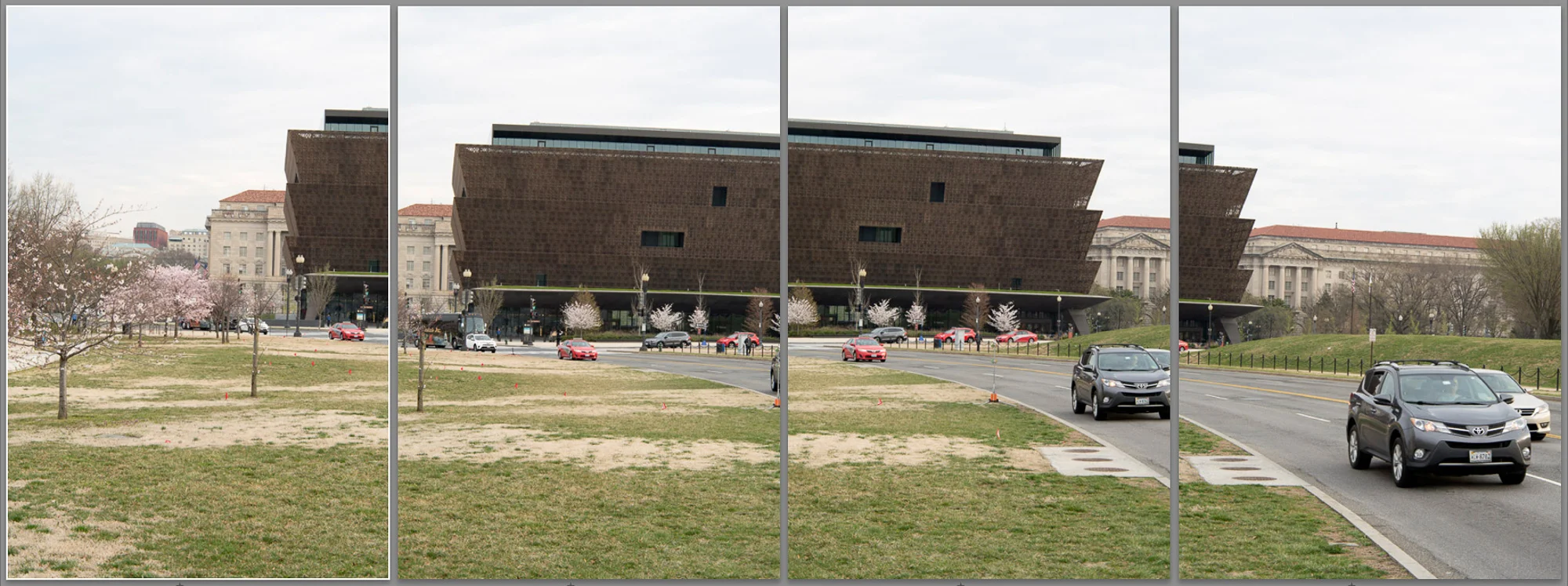The 4 photos that were combined into the final stitched panorama. Notice the locations of the cars, some of which move from frame to frame.