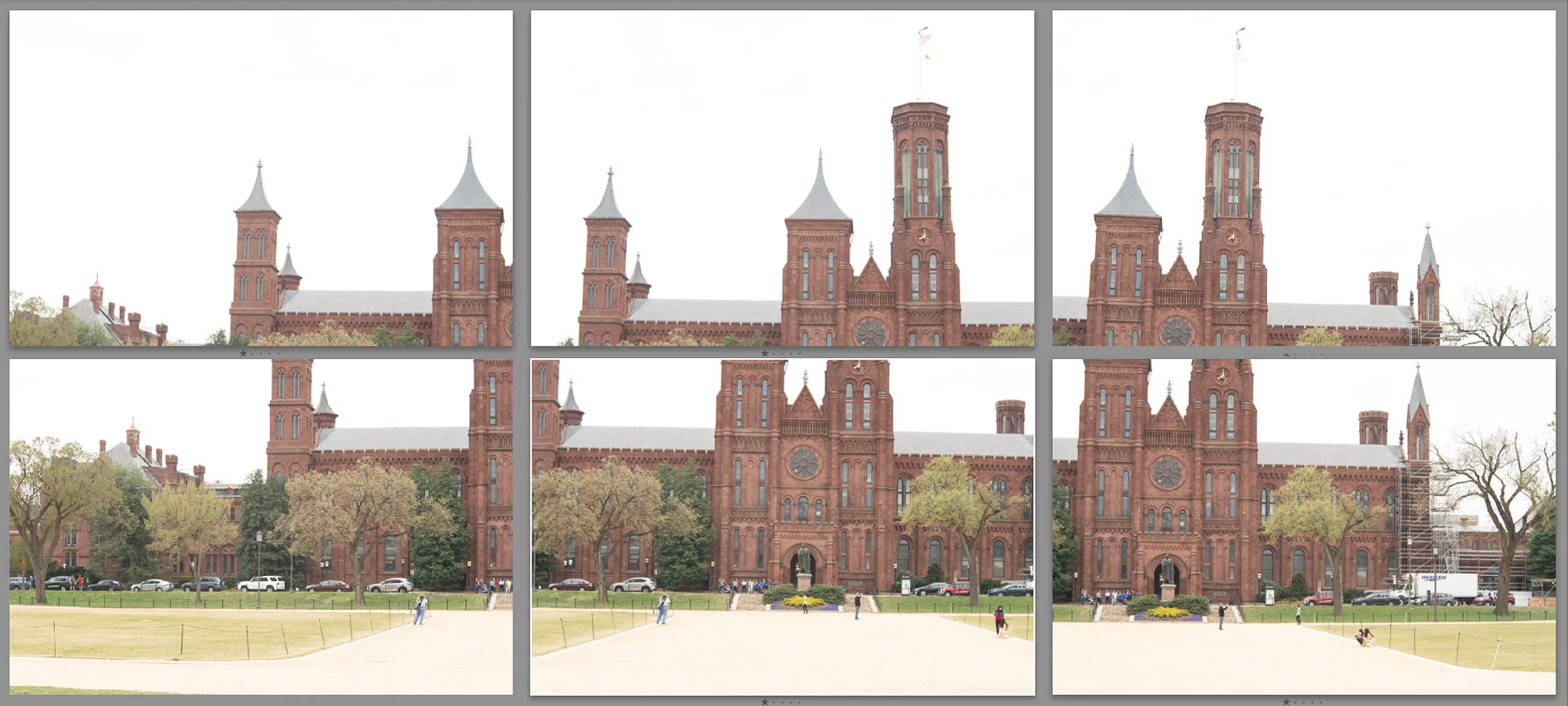 The 6 photos that were combined into the final stitched panorama. Lightroom is capable of handling multiple levels when creating a larger panorama. Notice some are even titled, as I was hand holding.