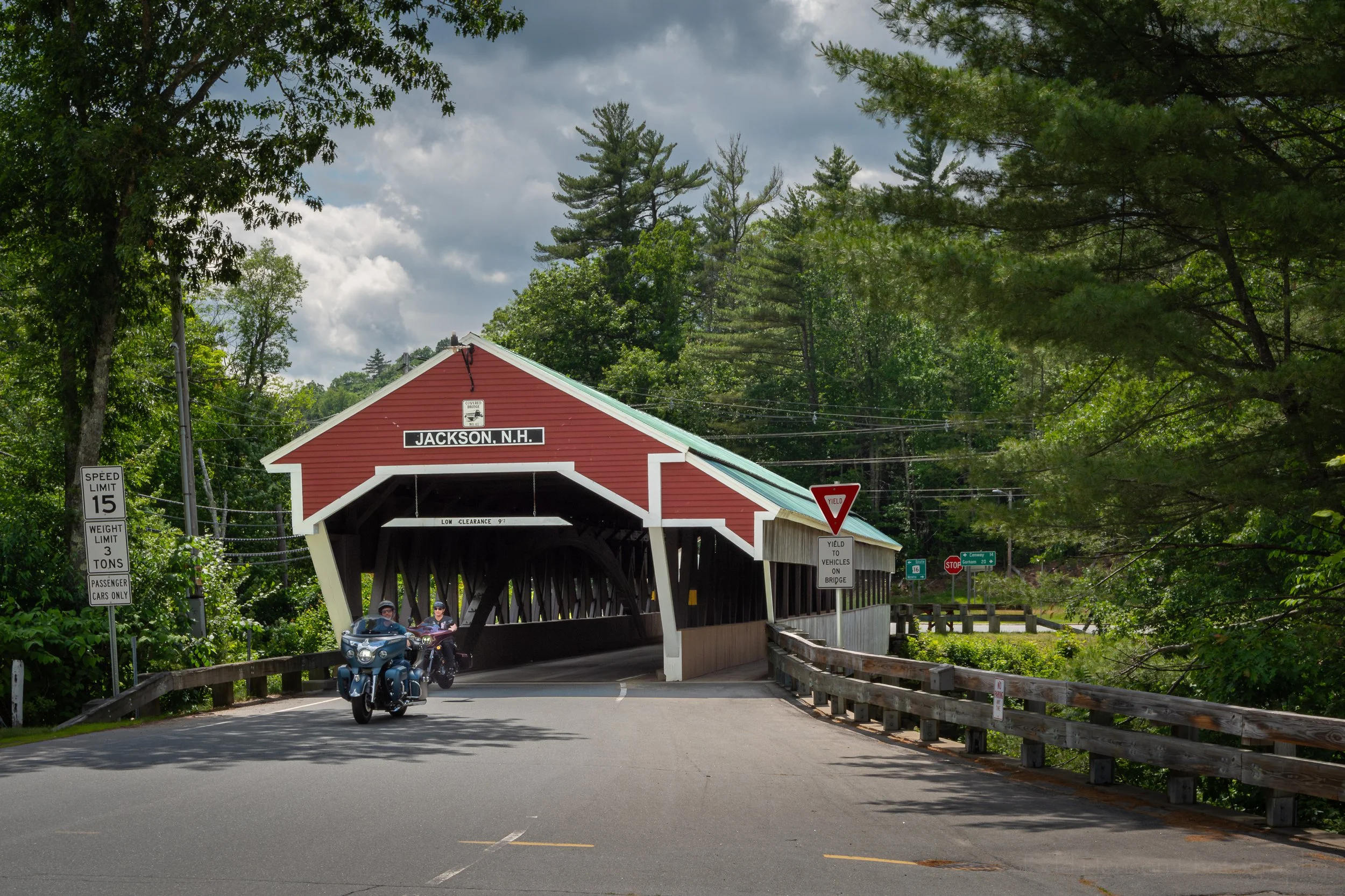 I was fortunate to get smiles from a couple bikers driving through the Jackson Covered Bridge in New Hampshire.