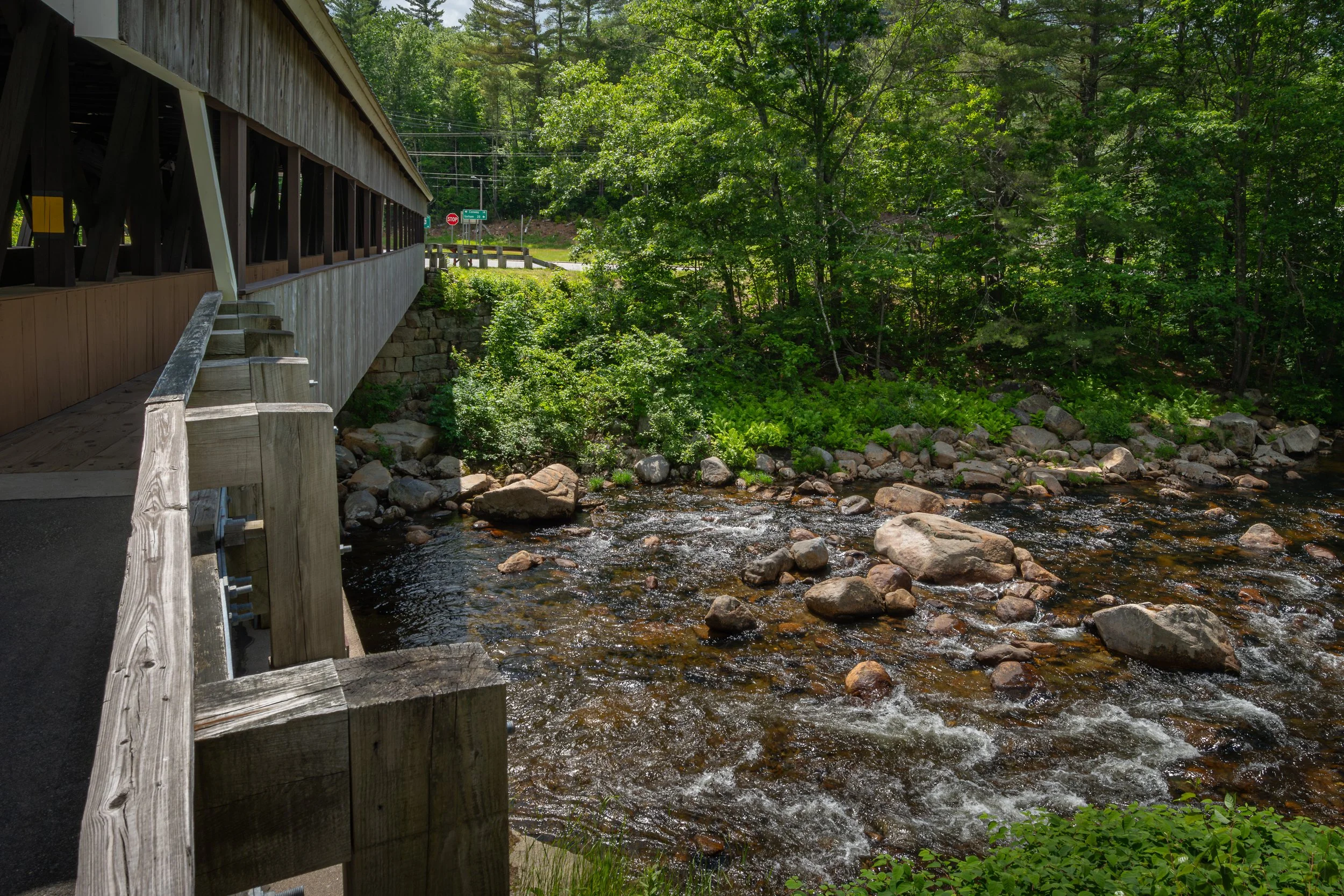 Looking down at the Ellis River from the end of the Jackson Covered Bridge.