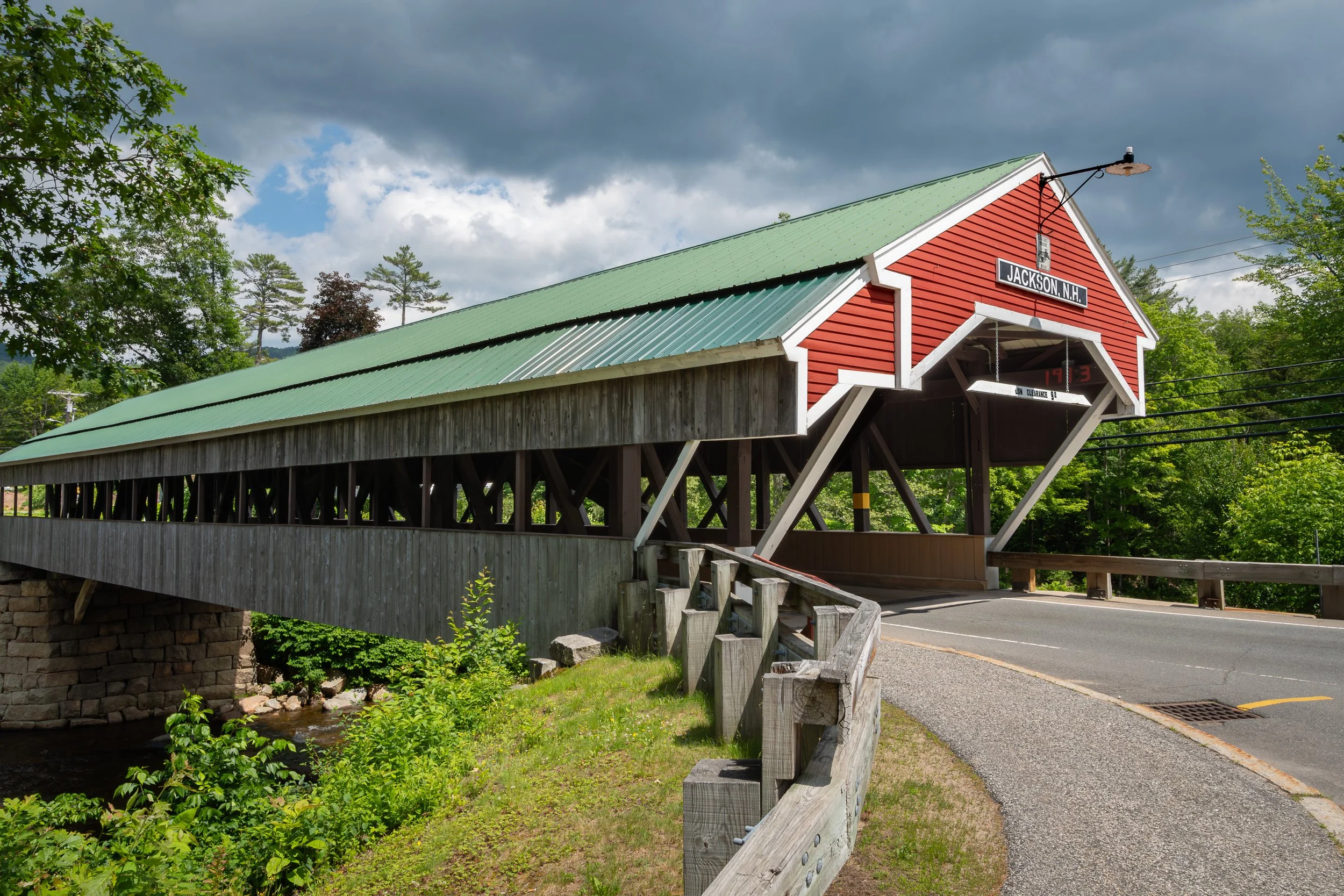 A view of the single span Jackson Covered Bridge in New Hampshire.