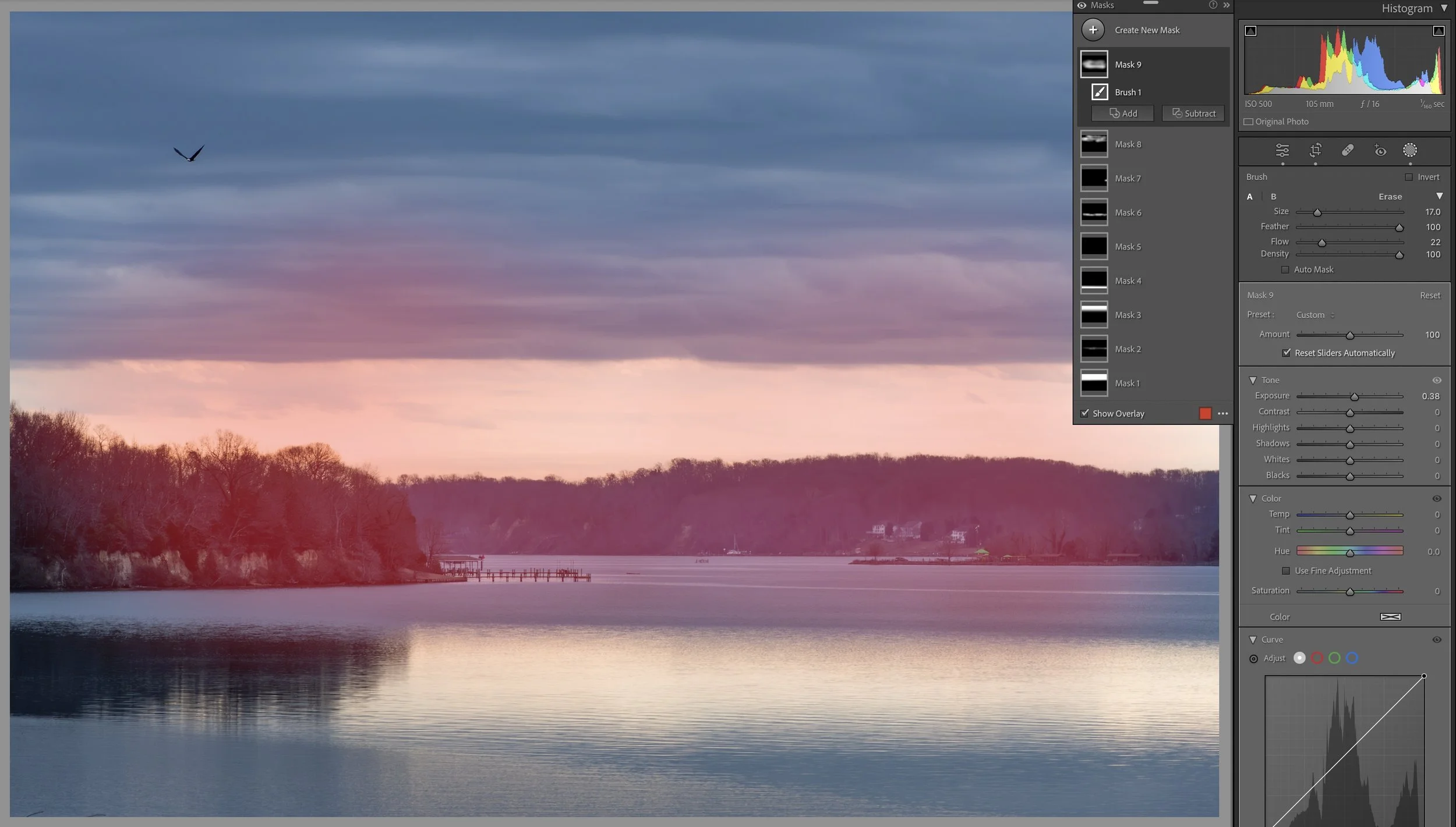 Step 12: Brush mask to brighten near horizon