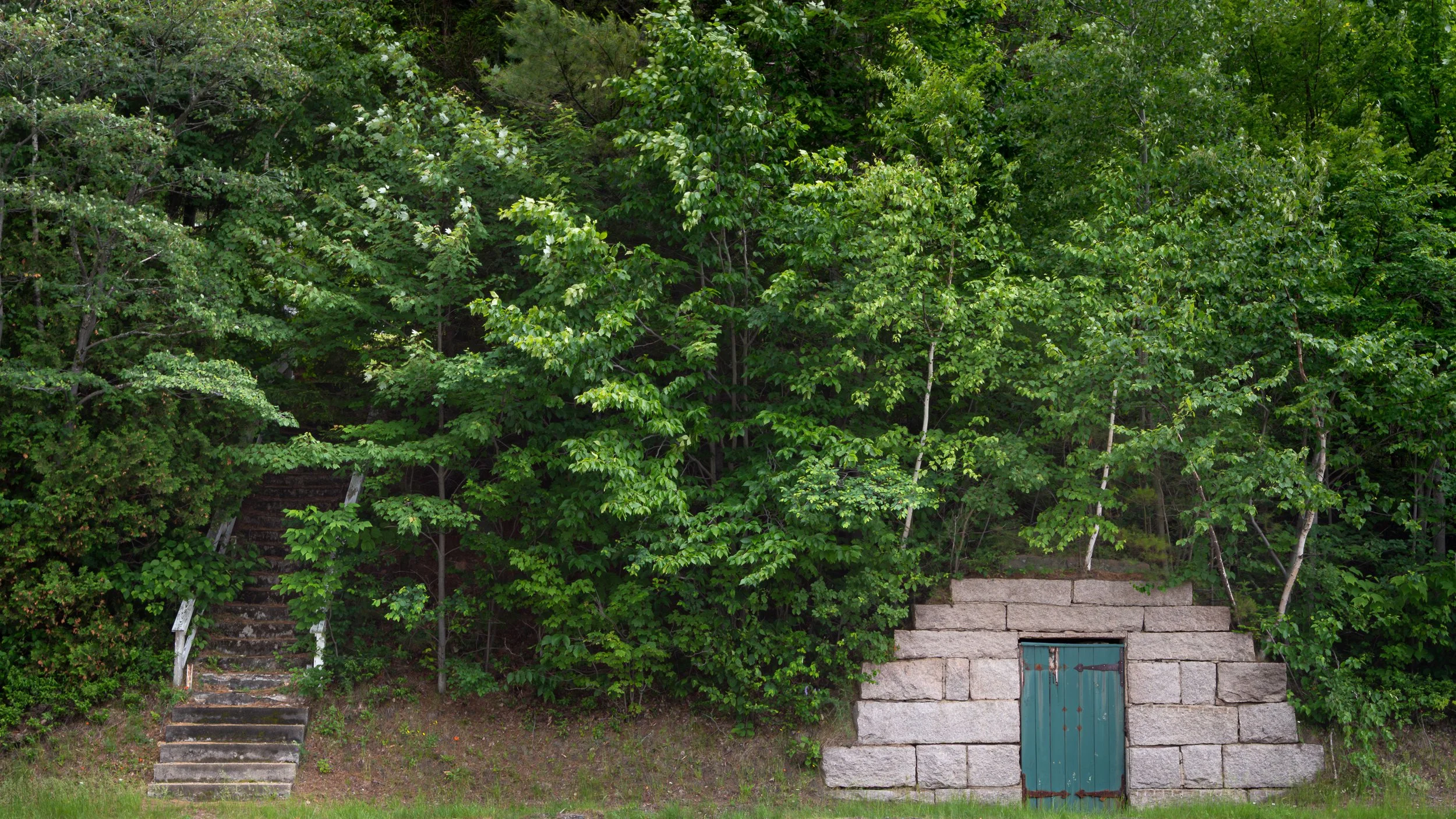 A view of a door and stairs below the Stark cemetery