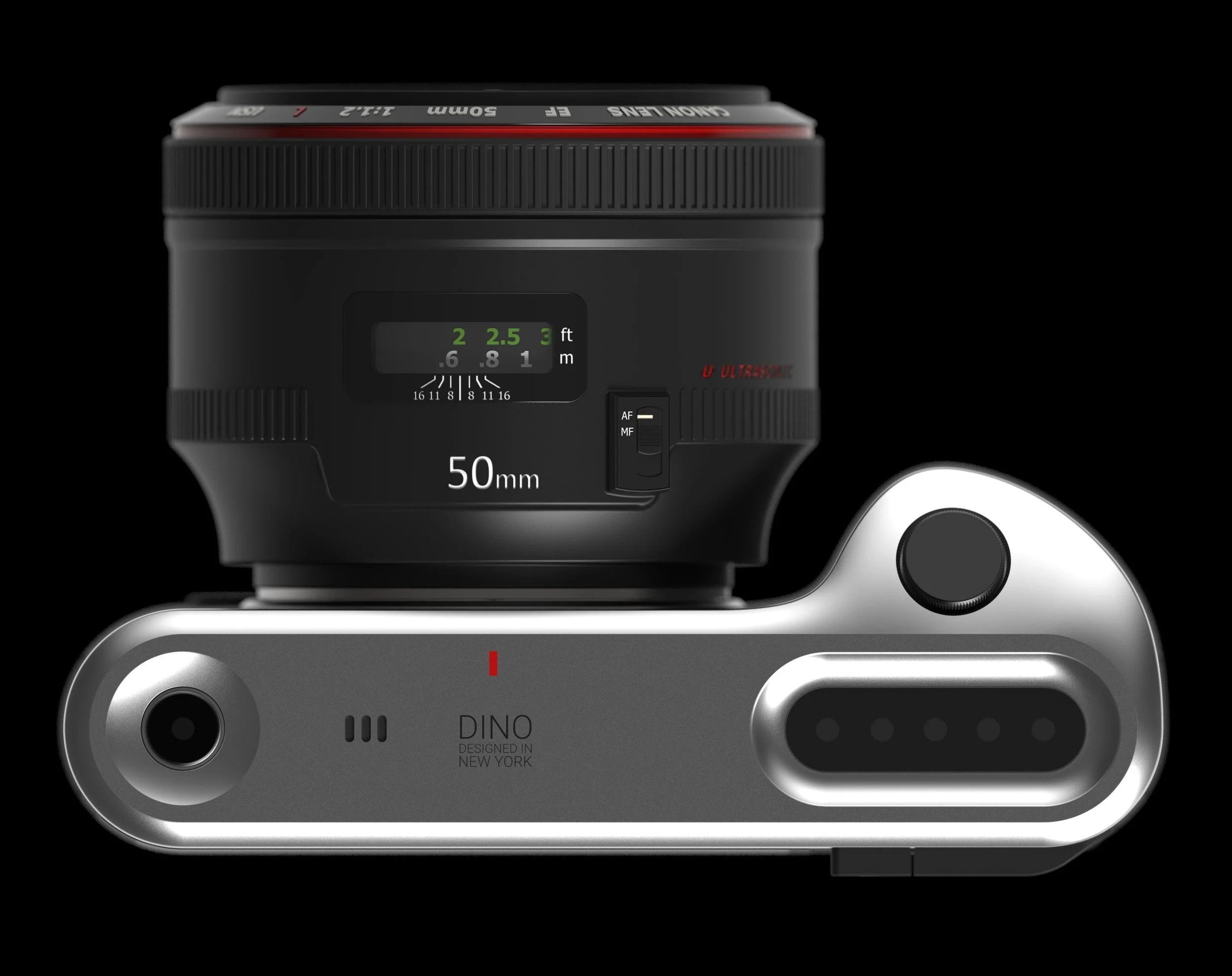 Top View: After coupling the large Canon 50mm F1.2L, I immediately realized my mistake with the design of the grip. There is no room to place fingers along the grip area. In the upcoming version of the DCX-10, I will be sculpting the grip area differently to allow for more finger clearance and offer a better grip for "walk-around". Walk-around grip is really important to me - I hate having a strap around my neck and would rather hold the camera in my hand during my walks.
