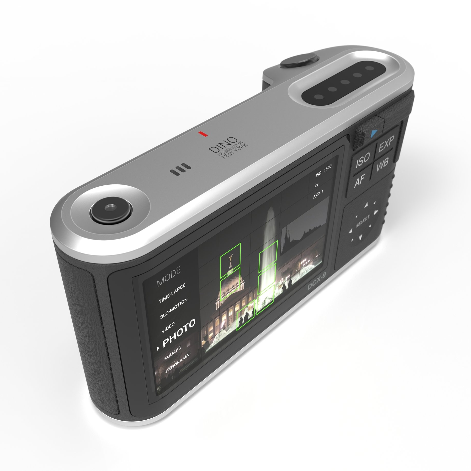 A power button on the left, concentric to the main housing. 