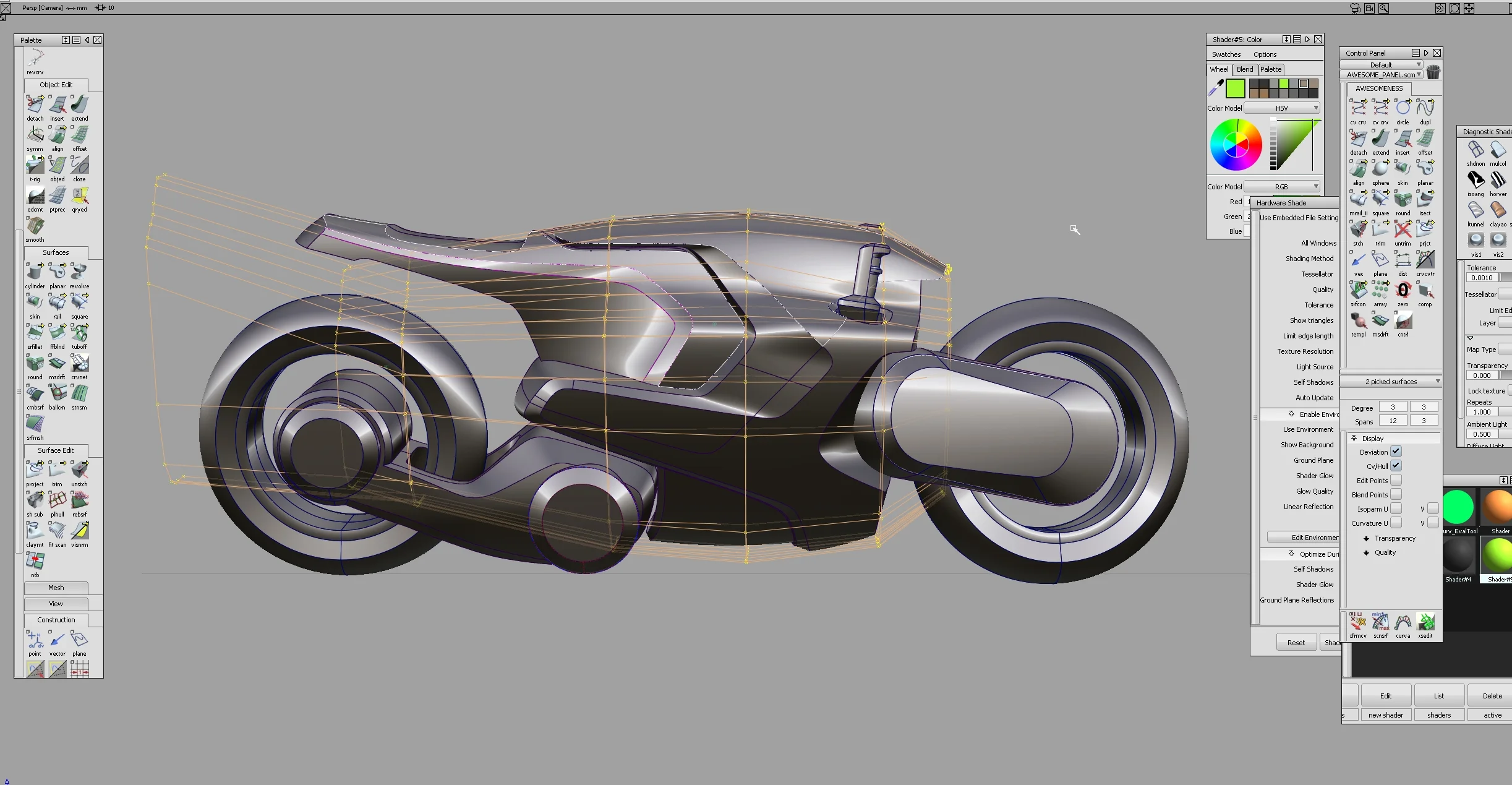 Here I have made the CV's visible to show how everything is pushed and pulled. The Base Surfs are pretty simple. From there it's just some adjacent intersections and trimming. 