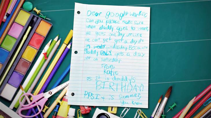 In a letter written in crayon, a young girl named Katie asked Google to give her dad some time off.