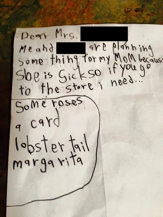 Little Boy's 'Shopping List' For Sick Mom: Lobster Tail, Margarita & Roses