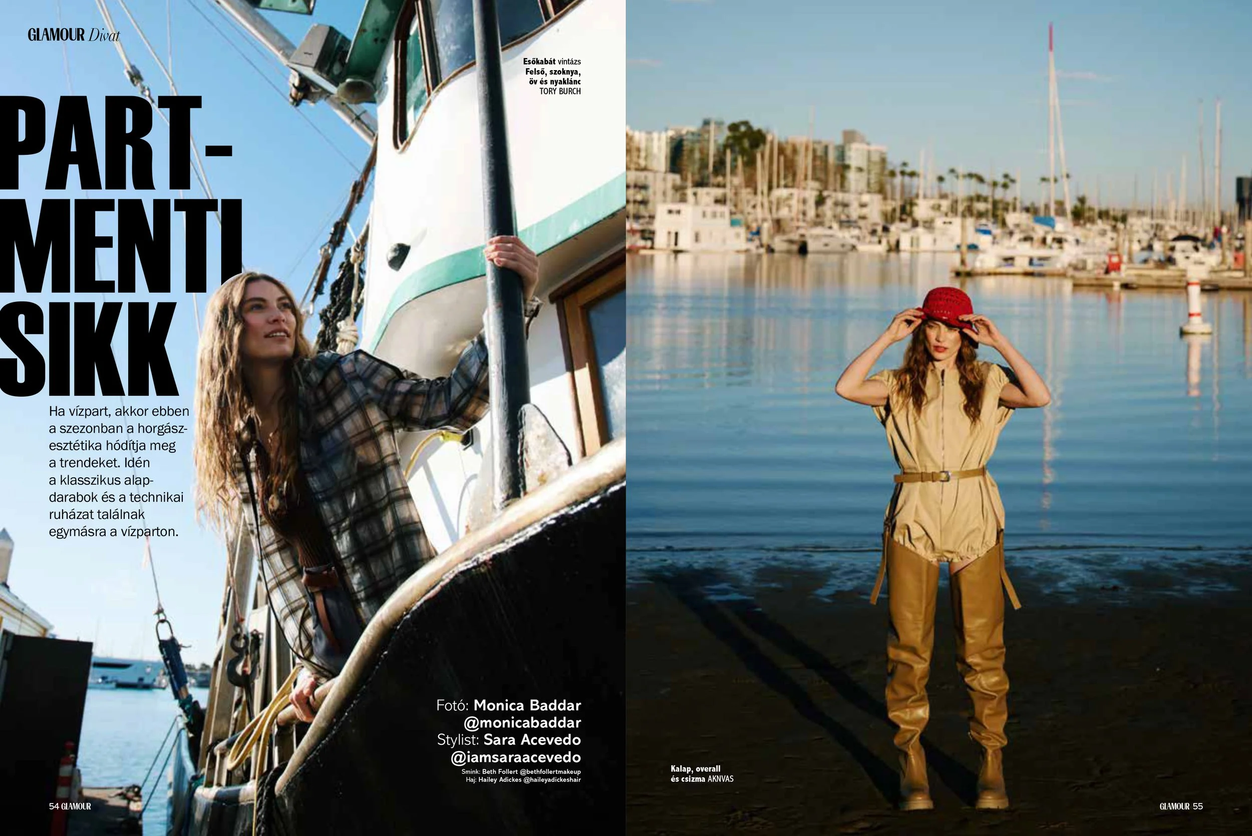 Side-by-side images of women near water: on the left, a woman with long wavy hair wearing a plaid shirt on a boat, and on the right, a woman with curly hair wearing a beige jumpsuit and a red hat standing by the water with boats and a marina in the b