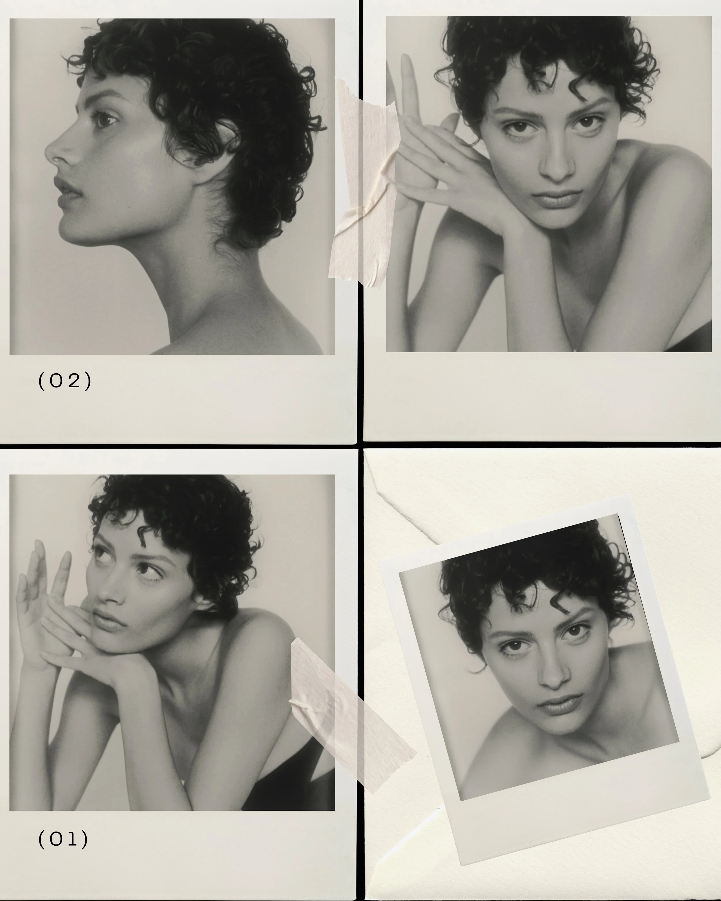 Two sets of black and white photographs of a woman with short, curly hair, posed with different facial expressions and gestures. Some photos are torn and overlapped with Polaroid style images.