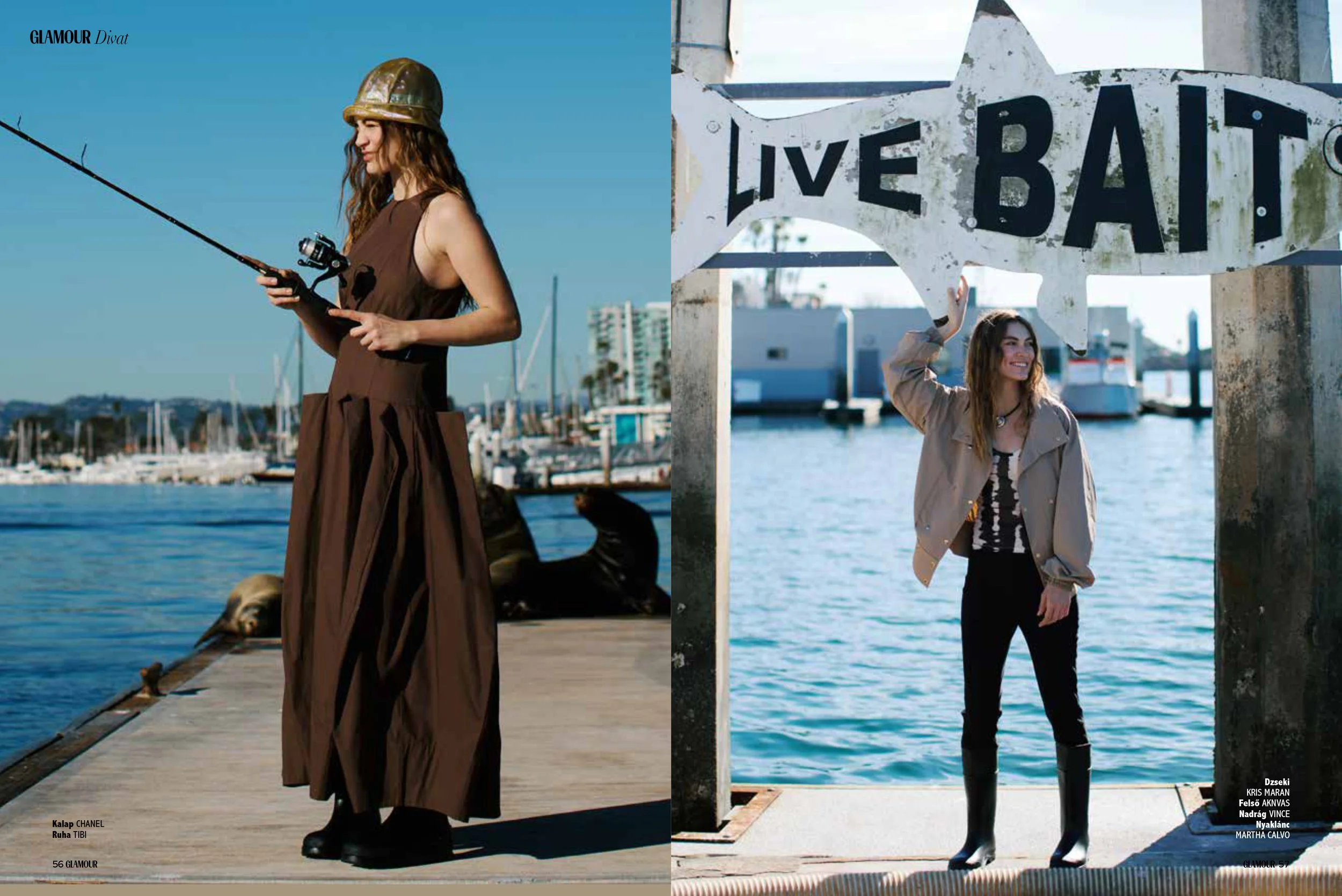Side view of a woman wearing a helmet, sleeveless brown dress, and black boots standing on a dock. She is fishing with a rod and reel, with boats and a marina in the background. The right side features a woman with long hair wearing a beige jacket ov
