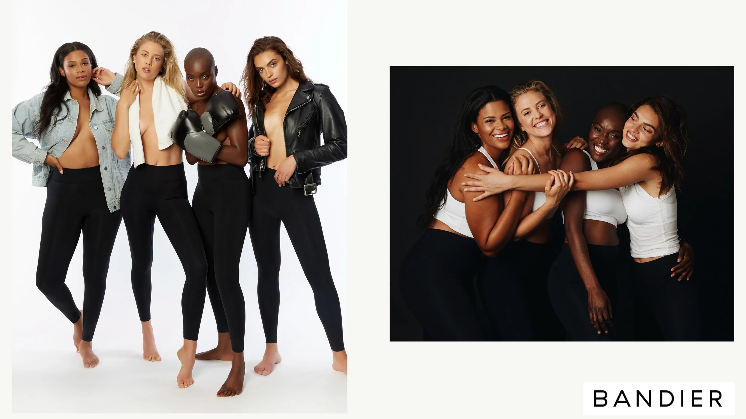Image of five women with diverse skin tones, posing confidently in athletic wear, with some in jackets, and one holding boxing gloves, set against plain backgrounds.