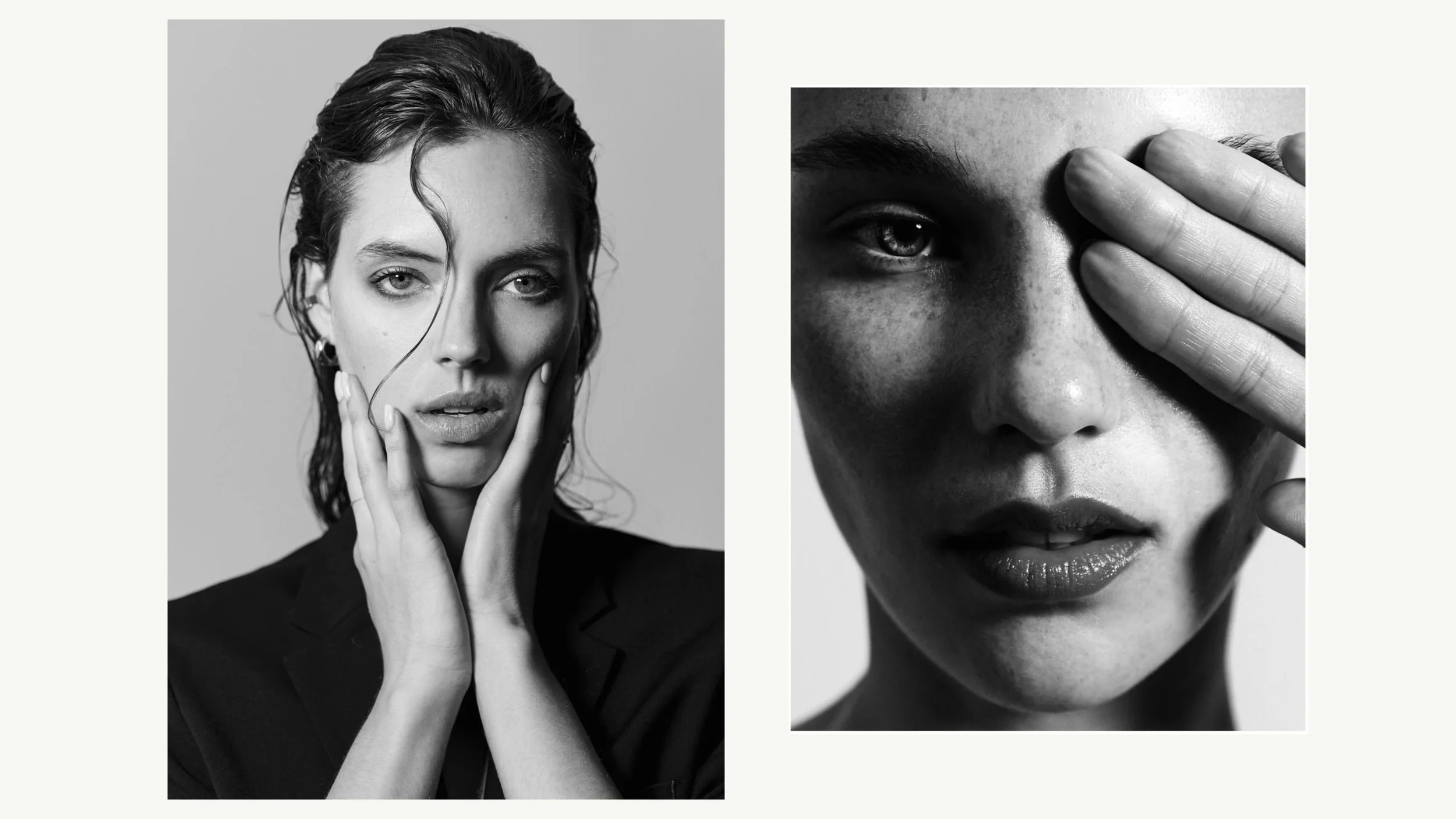 Two black and white portrait photographs of women with different facial expressions; one with hand near face, and the other covering one eye.
