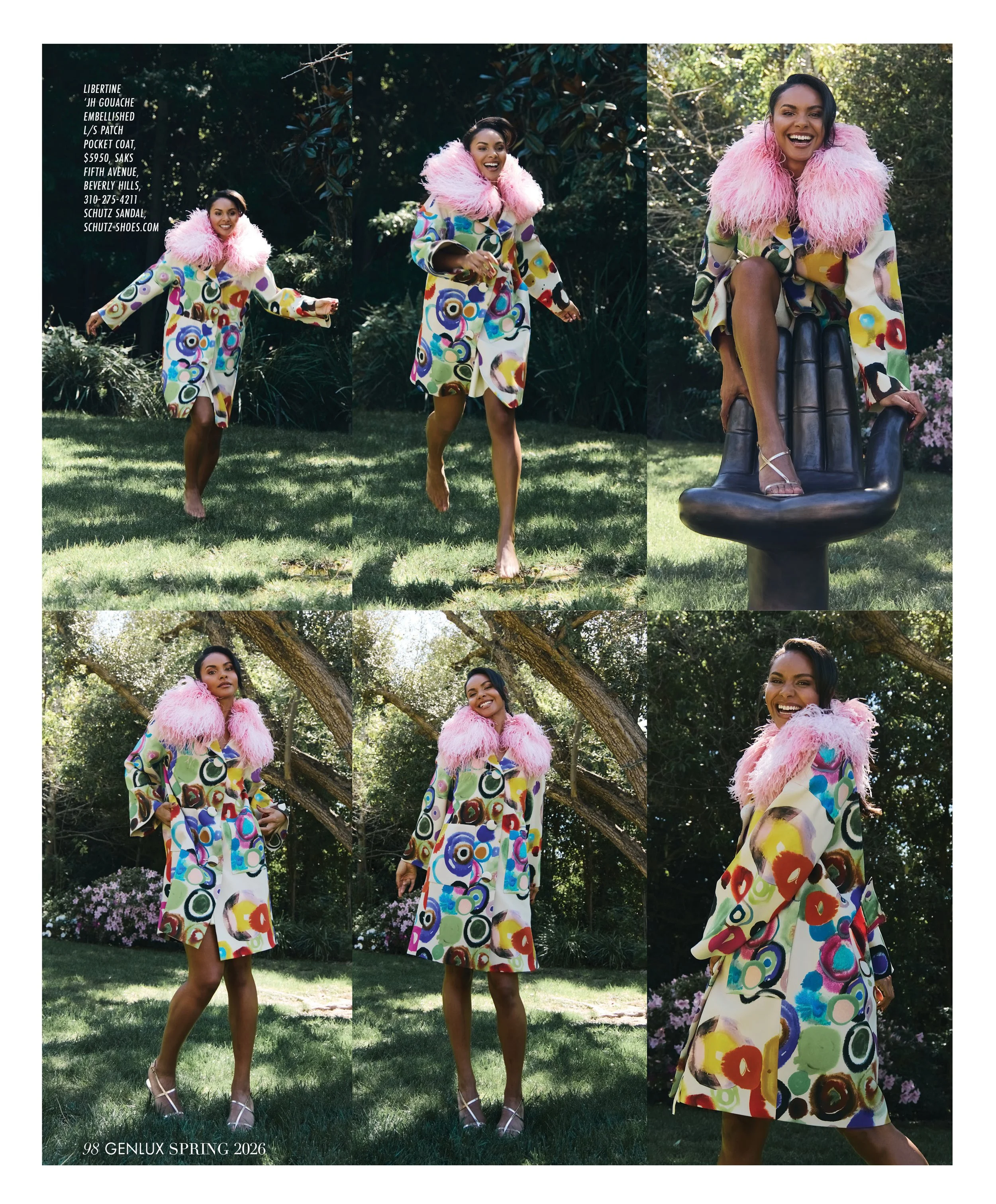 A fashion magazine spread featuring a woman in a colorful, patterned coat with a pink feathered collar, standing and smiling outdoors among trees and greenery. The text on the left indicates the magazine is "98 GENLUX SPRING 2026" and describes the o