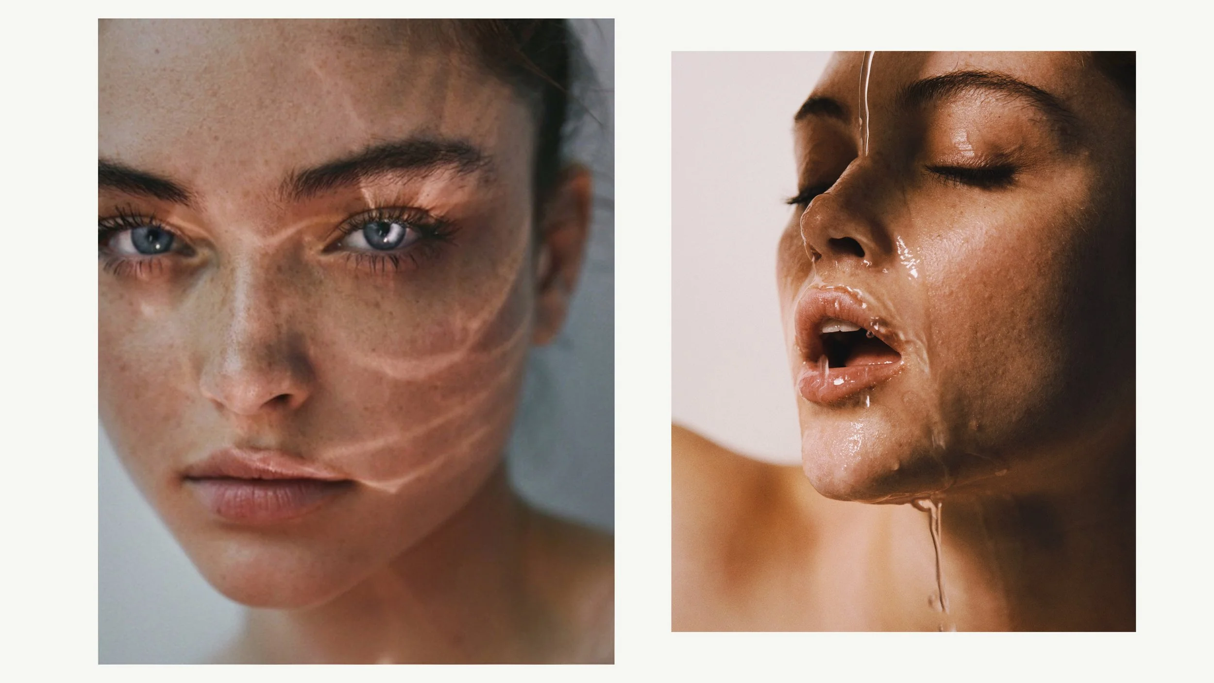 Close-up of two women with wet skin and hair, one with blue eyes and freckles, the other with closed eyes and water dripping from her face.