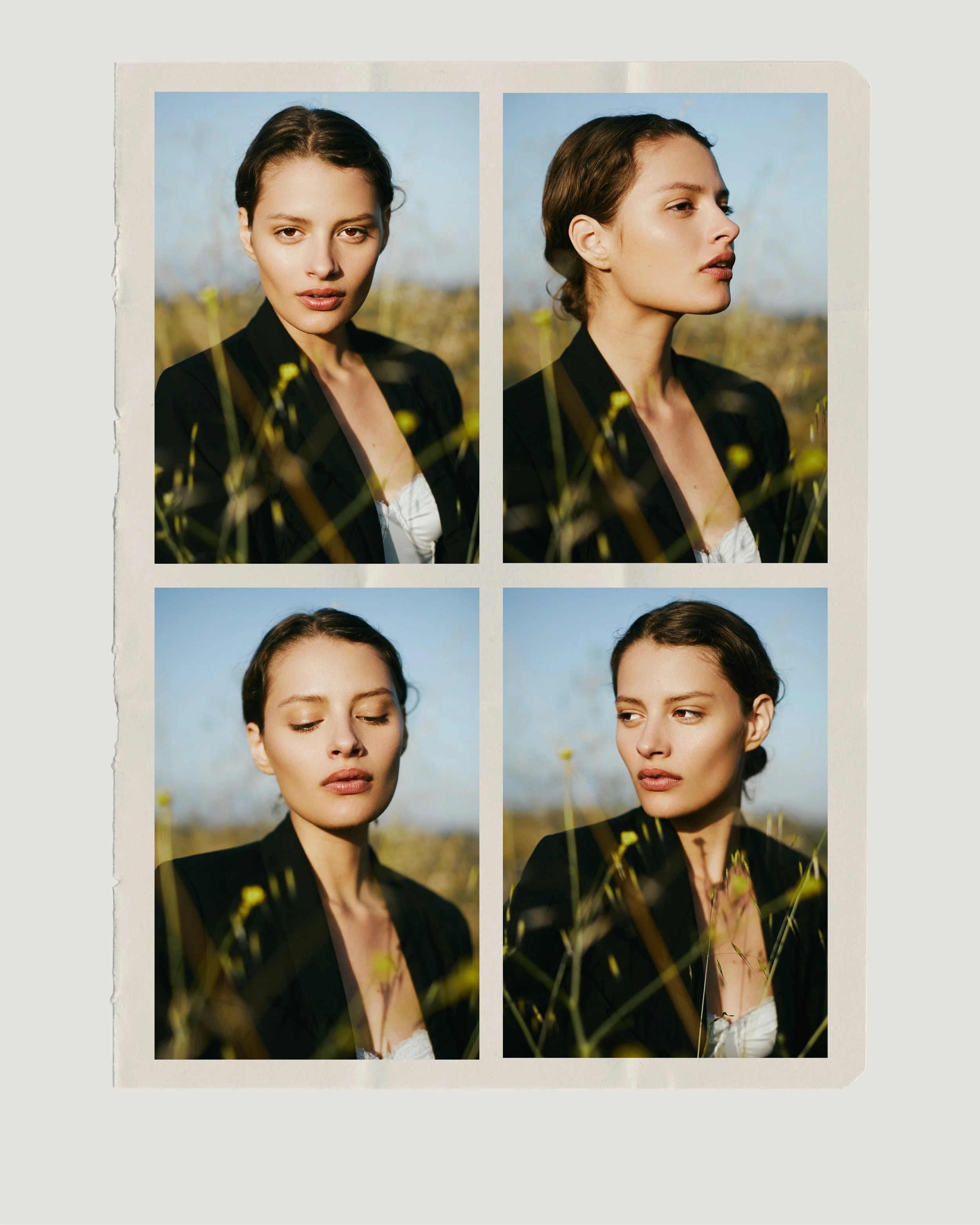 Two side-by-side photographs of a woman with dark hair, wearing a black blazer and white top, outdoors with a blurry background of sky and plants, exhibiting different facial expressions; one with eyes open and one with eyes closed.