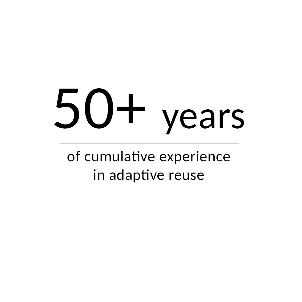 Infographic highlighting D MET's 50 years of cumulative experience in adaptive reuse and forward-thinking renovations