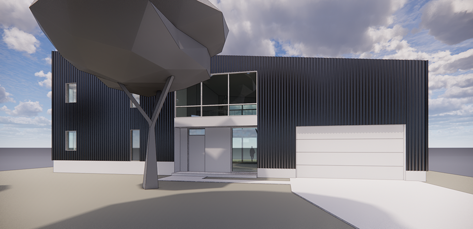 Front elevation view of a modern 2 story home featuring structural insulated panels and corrugated siding.