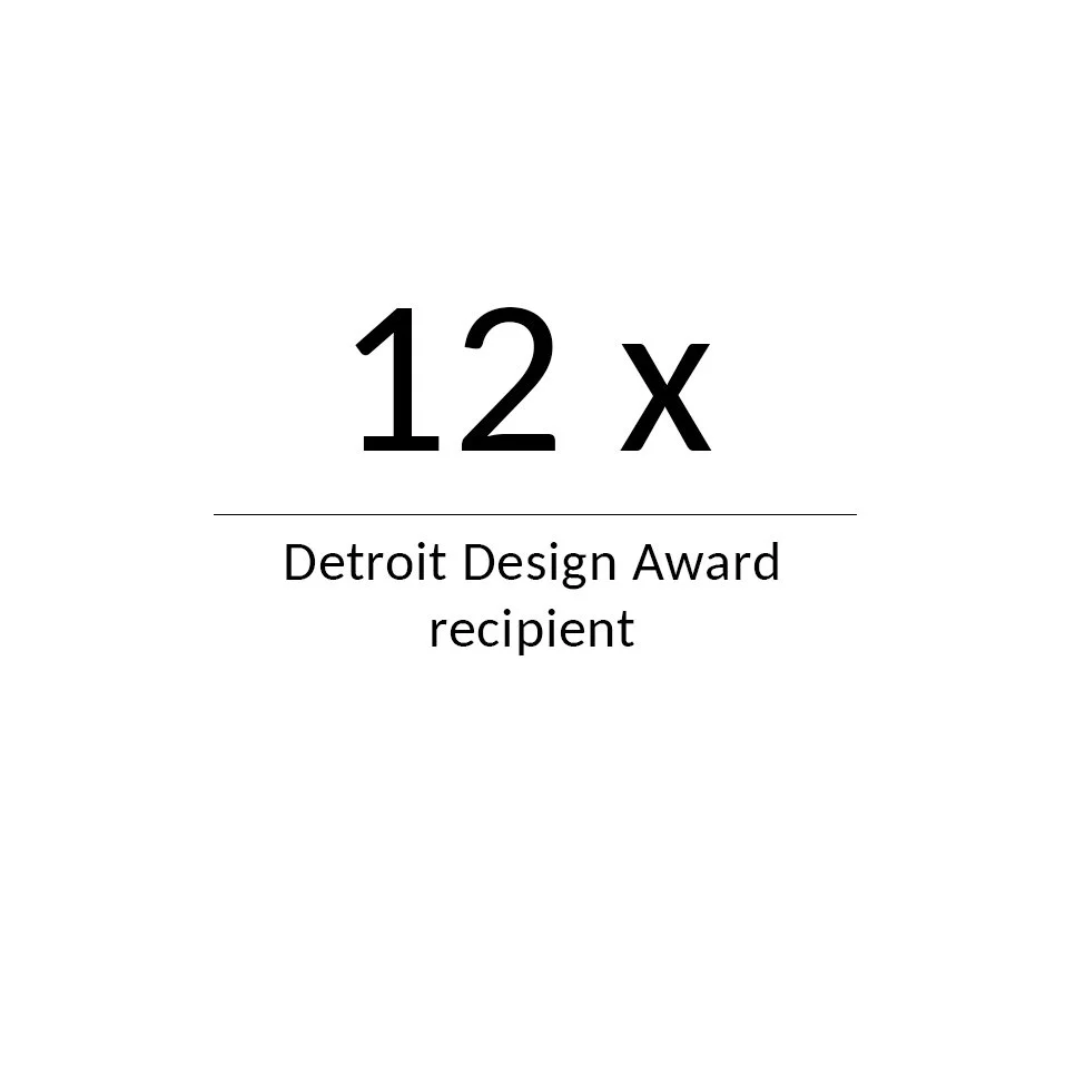 Award-winning architect infographic for D MET, a 12-time winner of Detroit Design Awards, recognized for design excellence and leaders of Detroit's revitalization