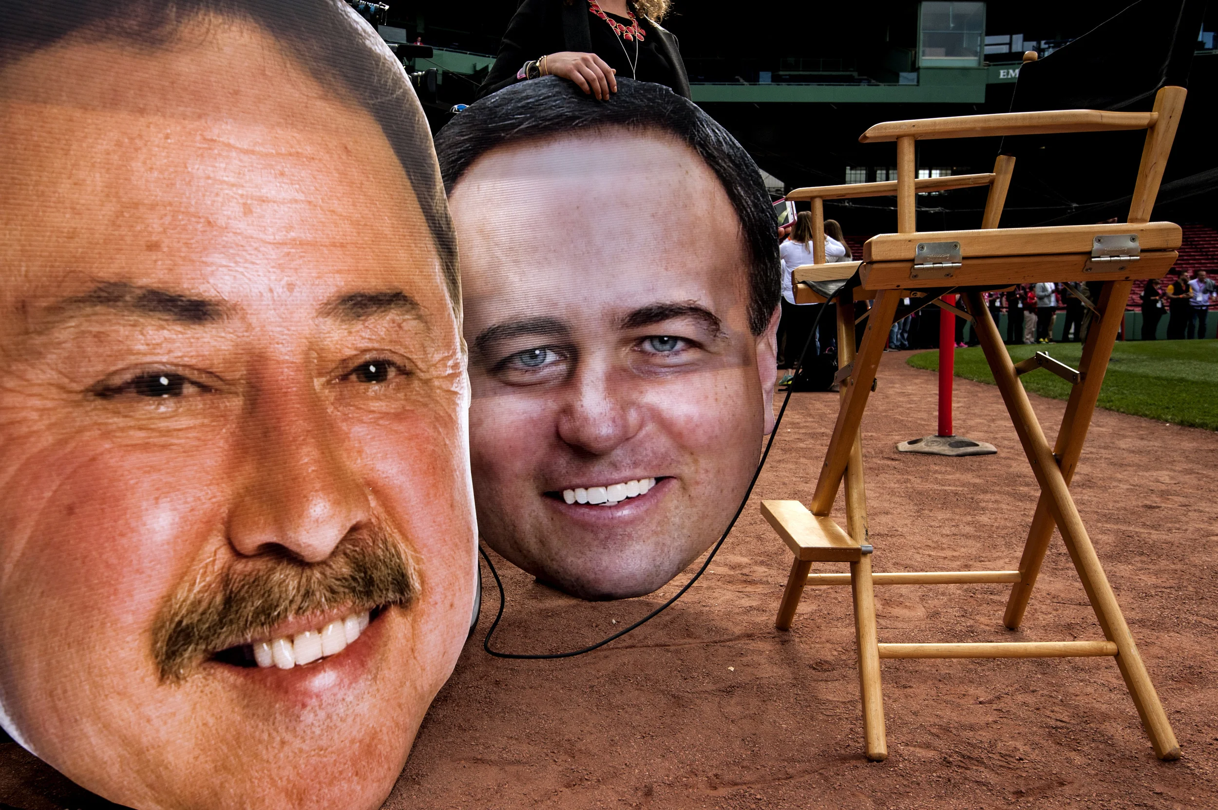  The faces of New England Sports Network anchors Jerry Remy, left, and Don Orsillo, right, don the side of the diamond before the start of the Boston Red Sox vs. Texas Rangers game on Thursday, May 21, 2015 at Fenway Park in Boston, Mass. 