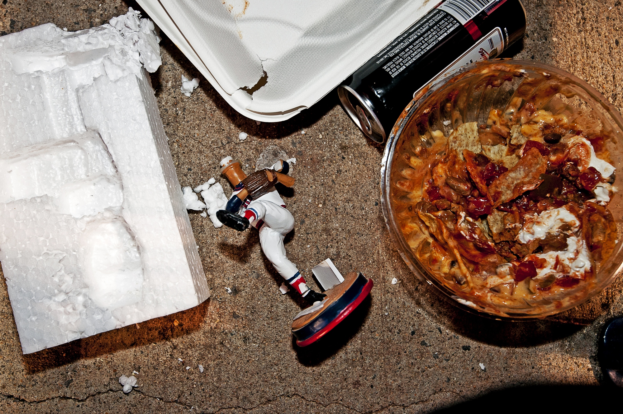  &nbsp;A headless Carl Fisk bobble hangs out next to a fallen taco bowl during the Boston Red Sox vs. Texas Rangers game on Thursday, May 21, 2015 at Fenway Park in Boston, Mass. The Rangers won 3-1. 