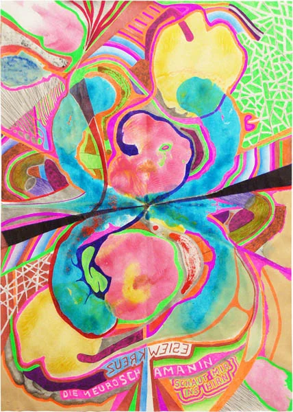 Die Neuroschamanin Schaut Mir Kreuzweise Ins Hirn, 2013, 29,7cm x 21cm , ball pen, colored pencil, pencil, gel pen, nail polish, felt pen, marker, silver pen, coffee, food color on paper