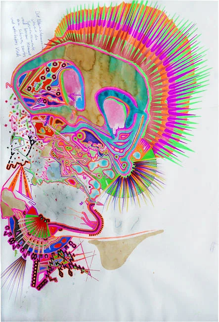 Die Neuroschamanin Steuert Die Spurenelemente, 2013, 29,7cm x 41cm, ball pen, colored pencil, pencil, gel pen, nail polish, felt pen, marker, silver pen, coffee, food color, letraset on paper