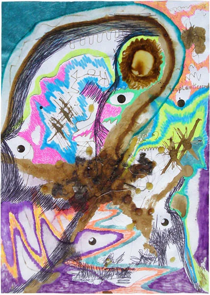 Implantierend, 1999, 29,7cm x 21cm, felt pen, ball pen, gel pen, coffee, glue and dust on paper