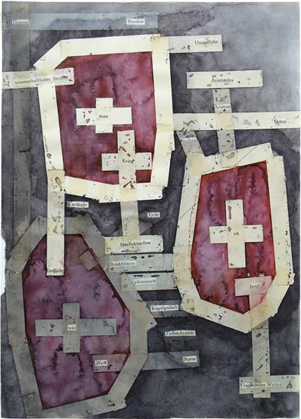 Man Ich Wir In Karthago, 1996, 29,7cm x 21cm, watercolor, coffee, pencil, tape, applications on paper