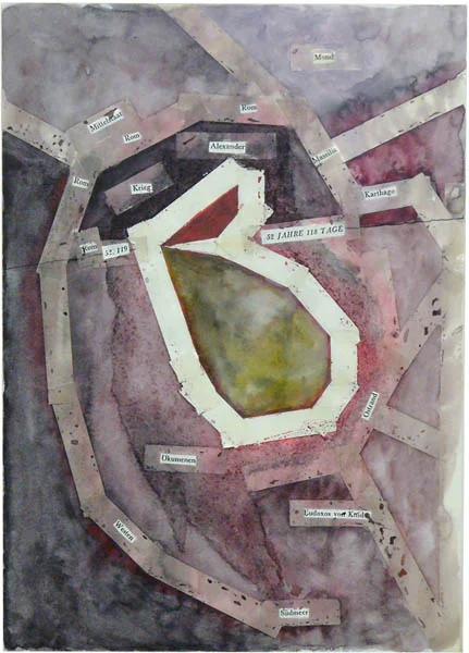 52 Jahre 118 Tage, 1996, 29,7cm x 21cm, watercolor, coffee, pencil, tape, applications on paper