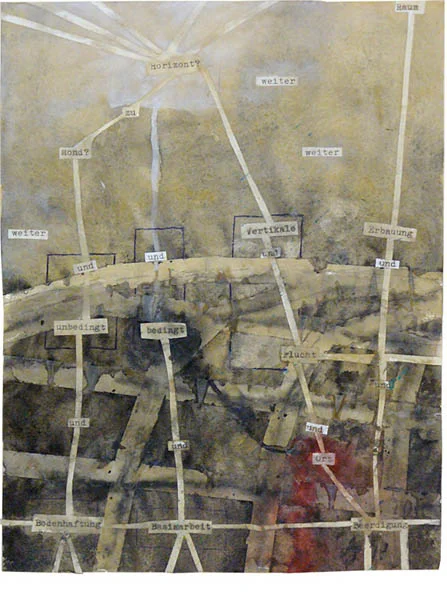 Horizont, 1996, 26,7cm x 21cm, watercolor, coffee, sugar, pencil, ball pen, tape, applications on paper