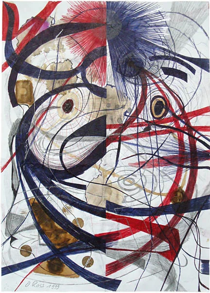 Kombinat Lechts/Rinks N° 1 (a-side), 1999, 29,9cm x 21,1cm, ball pen, pencil, silver pen, coffee and rust on paper