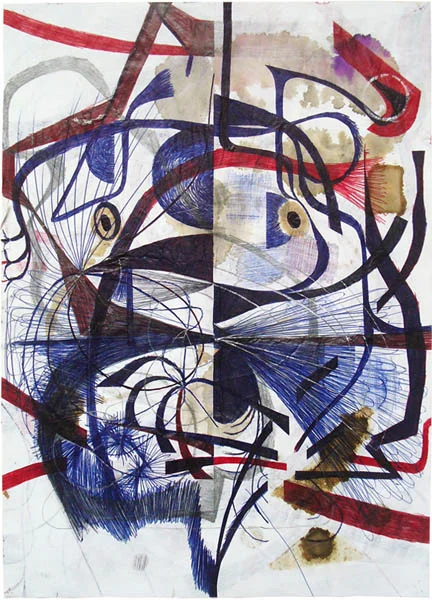 Kombinat Lechts/Rinks N° 1 (b-side), 1999, 29,9cm x 21,1cm, ball pen, pencil, silver pen, coffee and rust on paper